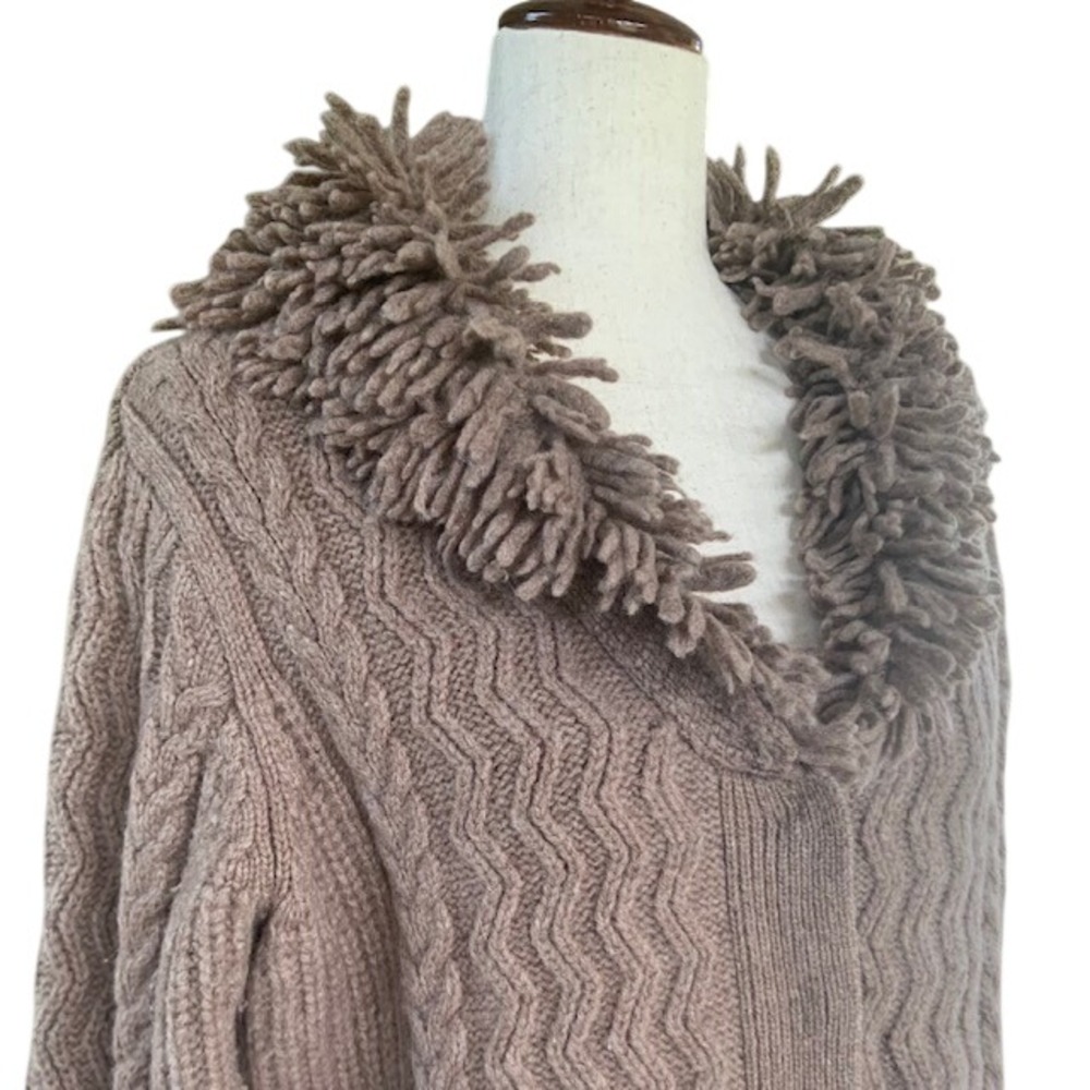 Jillian Jones Lambswool Longline Cardigan L Brown Chunky Shag Collar Cozy Cabin